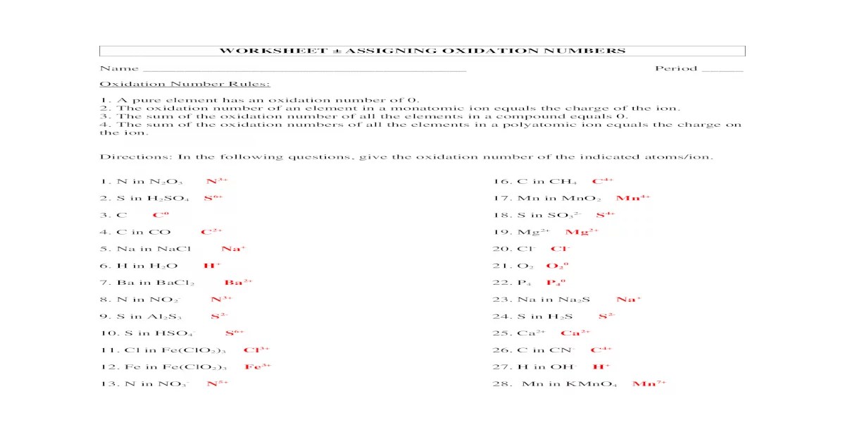 Assigning oxidation numbers practice worksheet